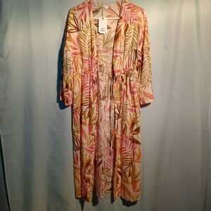 Tropical Leaf Print Maxi Dress Women’s Long Sleeve Tie Front Gown